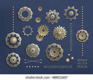 Los adornos circulares tridimensionales en estilo oriental. Conjunto de mandalas de oro, iconos, emblemas, logos, símbolos. Elementos antiguos para el diseño. Grandes elementos vectoriales aislados en fondo azul oscuro. 