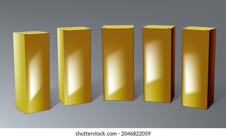 3D Golden Closed Clear Cardboard Box Case For Gift Or Other. EPS10 Vector