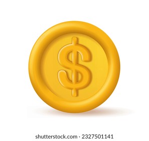 3D golden coin icon. Online transfers and transactions. Cash and dollar, currency. Template, layout and mock up. Cartoon isometric vector illustration isolated on white background