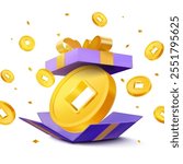 3d golden coin inside an opened collapsed gift box with other coins flying around, isolated on white background. Flying gift box coin banner template in 3d vector