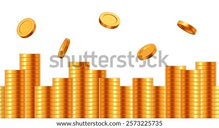 3d golden coin stack. Money yellow pile. Stock vector illustration on isolated background