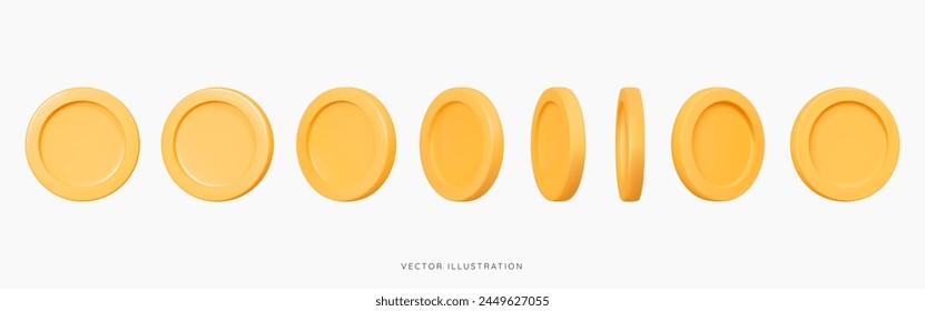 3D Golden coin turnaround, rotation at different angles for animation. Set of spinning coins. Cartoon icon elements for game. Floating money. Casino jackpot concept. 3D Vector Illustration