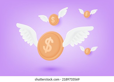 Moneda de 3 d de oro con alas que vuelan en el aire aislada en un fondo morado. Ilustración vectorial 3D.