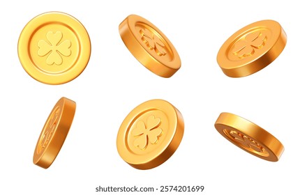 3d golden coins set with clover leaves pattern in different angles. St. Patrick's Day shiny element. Cartoon style. Stock vector illustration on white isolated background.
