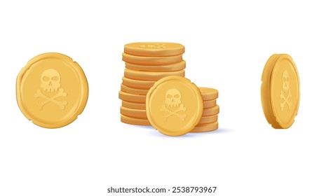 Conjunto de monedas de oro 3D, icono de moneda de oro pirata con un cráneo. Doblón pirata. Ilustración vectorial, monedas de metal del tesoro de oro apiladas. Icono de moneda de oro pirata con un cráneo humano