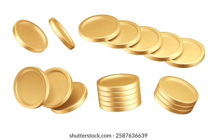 3d golden coins. Stacks and layouts of golden money. Finance cartoon elements. Vector illustration. Earning, capital, bank deposit objects. Investment, savings icons.