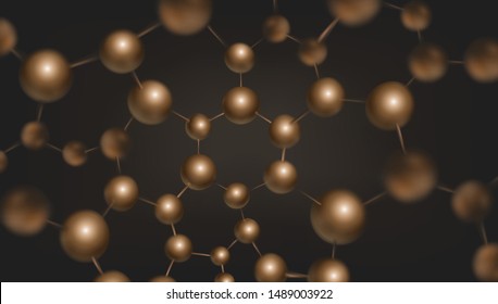 3d golden color molecules vector design. Science abstract background with molecular structure. Atoms model illustration, scientific banner for medicine, biology, chemistry or physics template