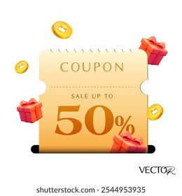 3d golden coupon is being printed from a slot, with percent price off, coupon code, red gift boxes and coins, isolated on white background. Print Gift voucher vector banner template for discount event