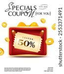 3d golden coupon inside a red gift box with golden coins flying around, isolated on white background. Gift voucher for cashback banner template in 3d vector