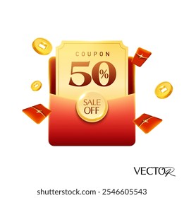 Cupón dorado 3D dentro de un sobre rojo, con dinero de la suerte y monedas de oro volando alrededor, código de Cupón y porcentaje de Precio apagado, aislado en el fondo blanco. Cashback vale de regalo en Vector 3d