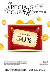 3d golden coupon inside a red gift box with golden coins flying around, isolated on white background. Gift voucher for cashback banner template in 3d vector