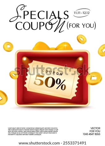 3d golden coupon inside a red gift box with golden coins flying around, isolated on white background. Gift voucher for cashback banner template in 3d vector