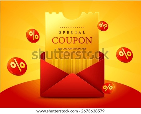 3d Golden coupon ticket with Special Coupon, barcode inside a red envelope, surrounded by percentage discount icons, on a glowing yellow background. Gift voucher banner template in 3d vector