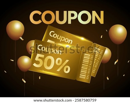 3d golden coupons with barcode, coupon code, price off, isolated on dark background with confetti effect. Black Friday gift voucher banner template in 3d vector