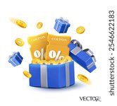 3d golden coupons inside an opened blue gift box with golden coins flying around, isolated on white background. Gift voucher with coupon code icon in 3d vector