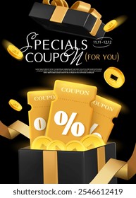 Cupons de ouro 3d dentro da caixa de presente preta aberta com moedas brilhantes e fitas, isolados no fundo escuro. Black Friday premium vale-presente cashback vetor banner modelo com código de cupom em 3d 