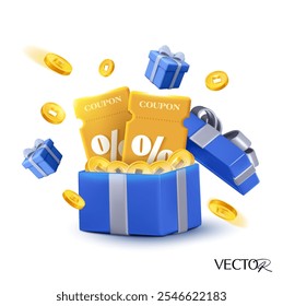 Cupones de oro 3D dentro de una caja de regalo azul abierta con monedas de oro volando alrededor, aislado sobre fondo blanco. Voucher de regalo con el icono del código del Cupón en el Vector 3d