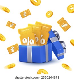 3d golden coupons inside an opened blue gift box with golden coins and mini coupons flying around, isolated on white background. Gift voucher with coupon code icon in 3d vector