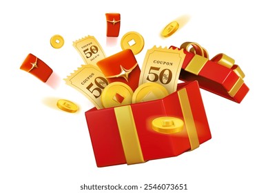 3d golden coupons, lucky money envelopes and flying coins flying out from opened red gift box with ribbons, isolated on white background. 3d cash back gift voucher with coupon code vector icon.