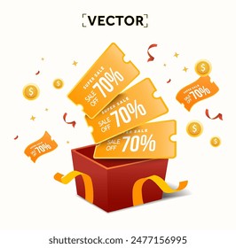 3d golden coupons with percentage off flying out of gift box with ribbon, isolated on white background. 3d vouchers give away template. Special promotion with gift box. Vector illustration.