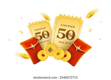 3d golden coupons with red lucky money envelopes, golden coins flying around, isolated on white background. Giveaway Gift voucher cash back with coupon codes in 3d vector