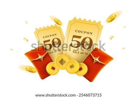 3d golden coupons with red lucky money envelopes, golden coins flying around, isolated on white background. Giveaway Gift voucher cash back with coupon codes in 3d vector