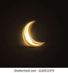 3d golden crescent moon with a bright glow on black background. Vector illustration