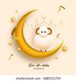 3D Golden Crescent Moon with Cartoon Sheep, Line Art Mosque and Stars Decorated on Peach Yellow Background for Eid-Al-Adha Mubarak.