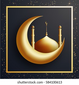 3D Golden Crescent Moon with Glossy Mosque. Creative illustration for Muslim Community Festivals celebration.