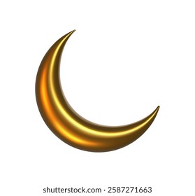 3D golden crescent moon icon with a shiny metallic surface, isolated on a white background. Glossy crescent symbolizing night, dreams, astronomy, spirituality, and celestial themes in modern digital