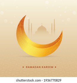 3D Golden Crescent Moon With Illuminated Lanterns Hang And Silhouette Mosque On Islamic Pattern Background For Ramadan Kareem.