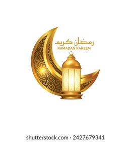 3d golden crescent moon lantern islamic lamp ramadan kareem eid mubarak greetings.Translation: "Greetings of muslim holy month of fasting".