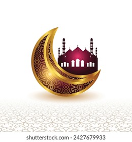 3d golden crescent moon mosque islamic lamp ramadan kareem eid mubarak greetings.Translation: "Greetings of muslim holy month of fasting".