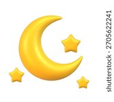 3D golden crescent moon with three shiny stars on white background. Suitable for kids themes, bedtime designs, packaging, greeting cards and decor.
