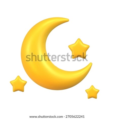 3D golden crescent moon with three shiny stars on white background. Suitable for kids themes, bedtime designs, packaging, greeting cards and decor.
