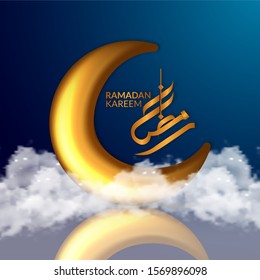 3D golden crescent shape illustration for islamic event. Ramadan modern calligraphy. blue night with cloud. ramadan kareem greeting card illustration