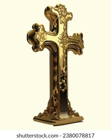 3d Golden Cross, Christianity, Religion symbol