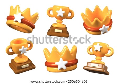 3D golden crown, cup on stand. Set of trophies in different positions