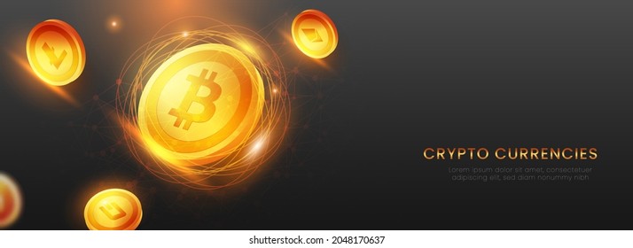 3D Golden Cryptocurrencies With Light Effect On Black Background. Header Or Banner Design.