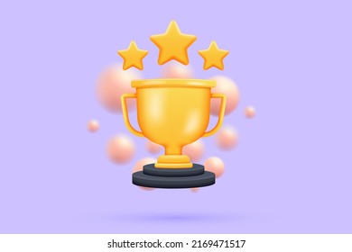 3d golden cup, gold winners stars with objects floating around on isolated background. 3d champions rewards ceremony concept with ranking style. 3d vector render illustration