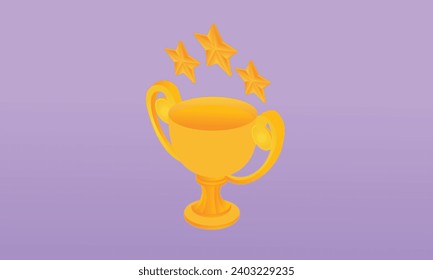 3D golden cup, gold winners stars with three stars.3d champions rewards ceremony concept with ranking style.3d handmade.3d goal for technology,online social media usage illustration.