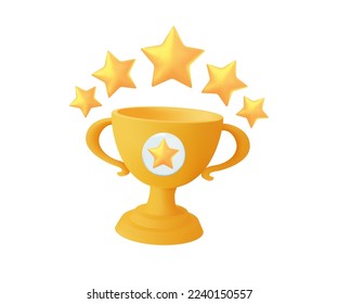 3d golden cup icon. Trophy prize 3d render illustration isolated on white. Award winner football trophy. Business champion cup, success 3D render vector icon for website, UI design