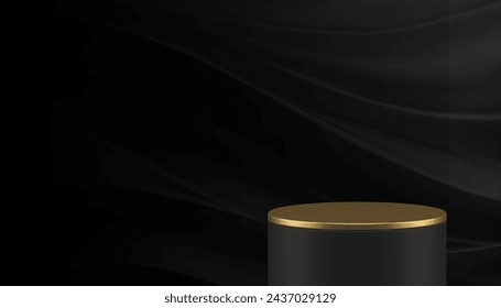 3d golden cylinder luxury podium pedestal black abstract wave wall background realistic vector illustration. Royal elegant showroom round display stand mock up expensive product show premium showcase