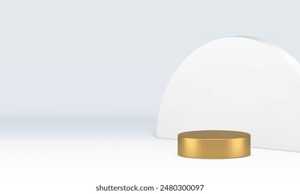3d golden cylinder podium display mock up for product show realistic vector illustration. Luxury elegant pedestal white semi circle wall background light rendering showcase display for presentation