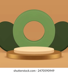 3d golden cylinder podium with green circle wall background for product show realistic vector illustration. Beige neutral showcase luxury elegant display round geometric showroom for presentation