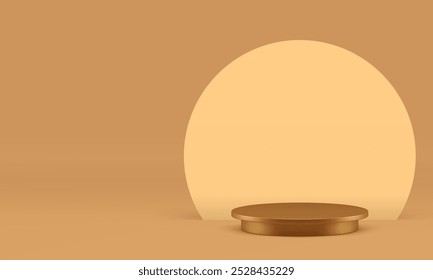 3d golden cylinder podium with round wall background realistic vector illustration. Luxury elegant pedestal neutral advertising showroom commercial shopping space interior mockup for presentation