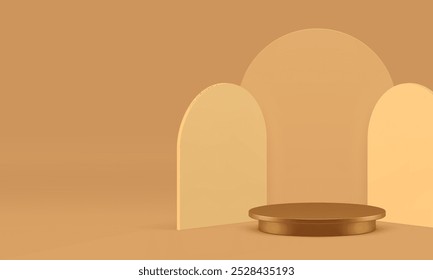 3d golden cylinder podium with semi circle wall background realistic vector illustration. Yellow beige advertising showcase with pedestal mockup for cosmetic product show presentation shopping sale