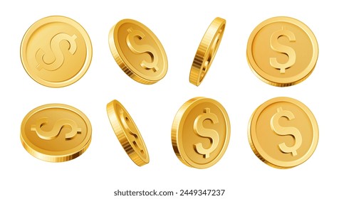 3D golden dollar coins. Realistic gold coin dollars different views. Gambling money saving and banking, investment financial cash symbol isolated vector set. Winning in lottery or casino