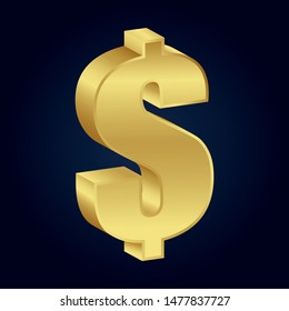 3D golden dollar sign on dark background . vector image 