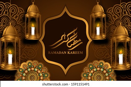 3d golden fanoos lantern with circle geometrical mandala ornament decoration with frame for mosque with ramadan kareem calligraphy poster banner template
